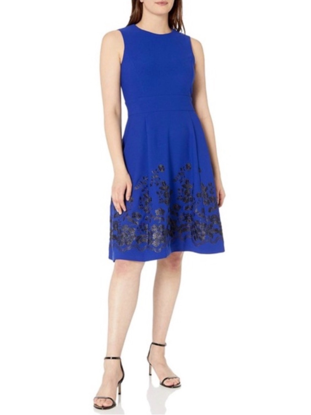 Calvin Klein Royal Blue Sleeveless Fit-and-Flare Dress with Black Floral Hem Sz8